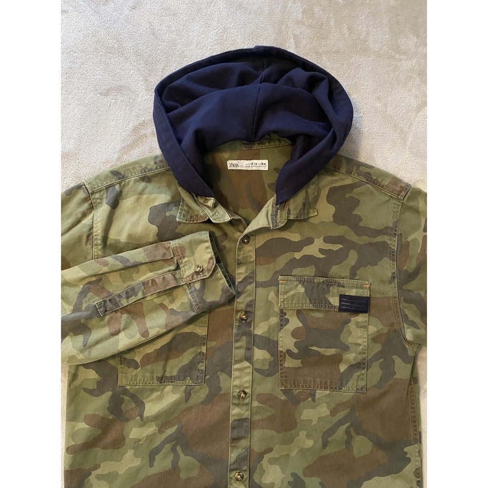 Zara Kids Shirt Jacket Youth 13-14 Yrs Green Camo Hooded Button Front Army‎